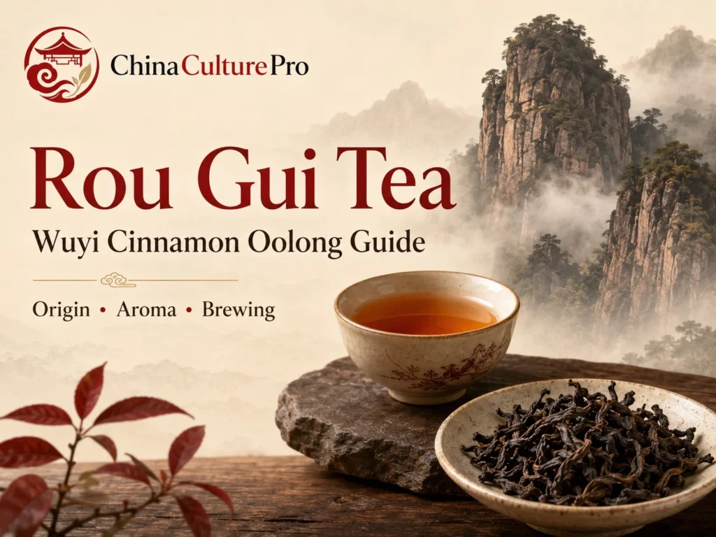 Rou Gui Tea guide with Wuyi cinnamon oolong leaves, amber liquor, and misty rock cliffs