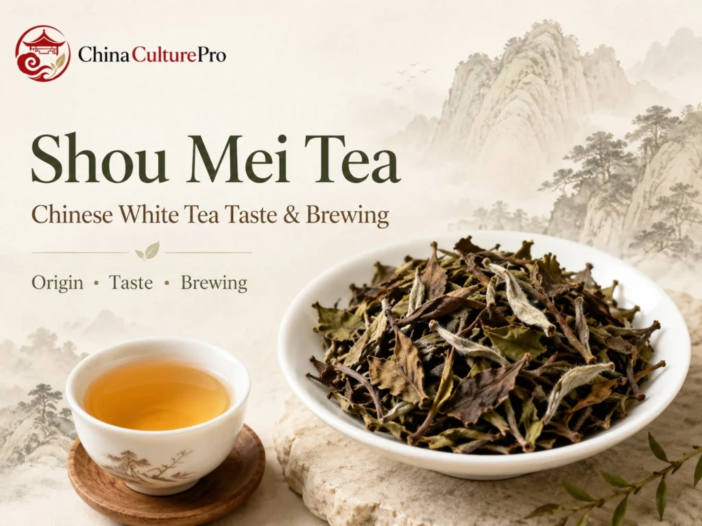 Shou Mei Tea guide with mature white tea leaves, amber liquor, and Fujian mountain scenery