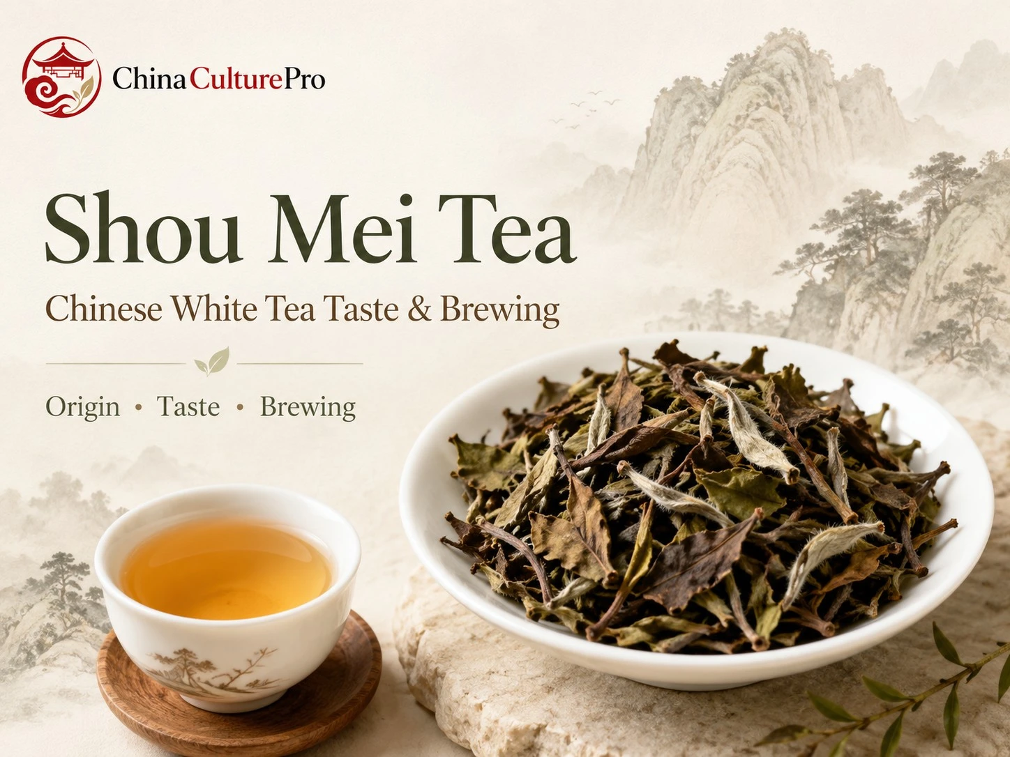 Shou Mei Tea guide with mature white tea leaves, amber liquor, and Fujian mountain scenery