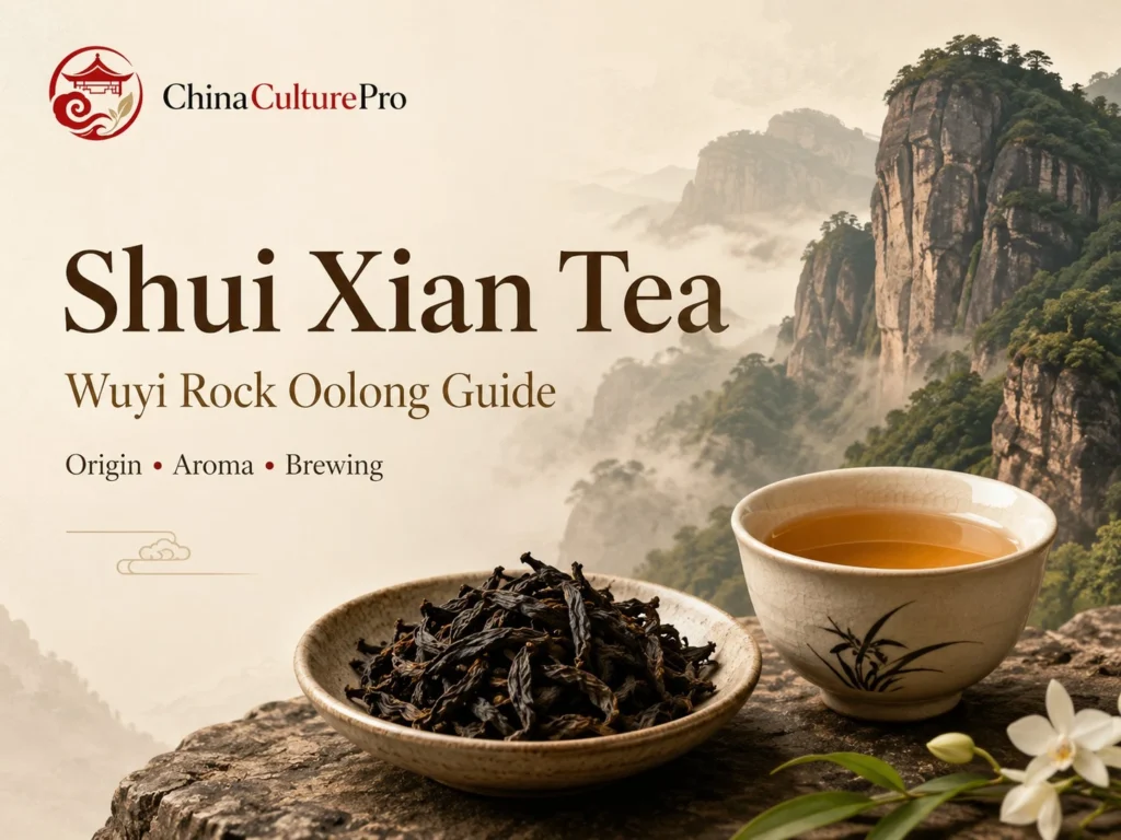 Shui Xian Tea guide with Wuyi rock oolong leaves, amber liquor, and misty Wuyi cliffs