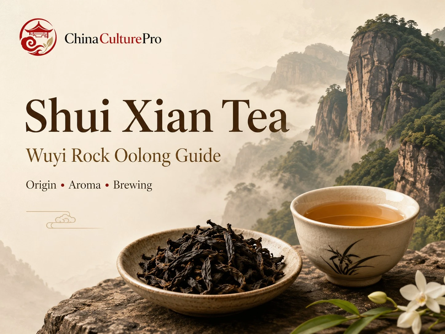 Shui Xian Tea guide with Wuyi rock oolong leaves, amber liquor, and misty Wuyi cliffs