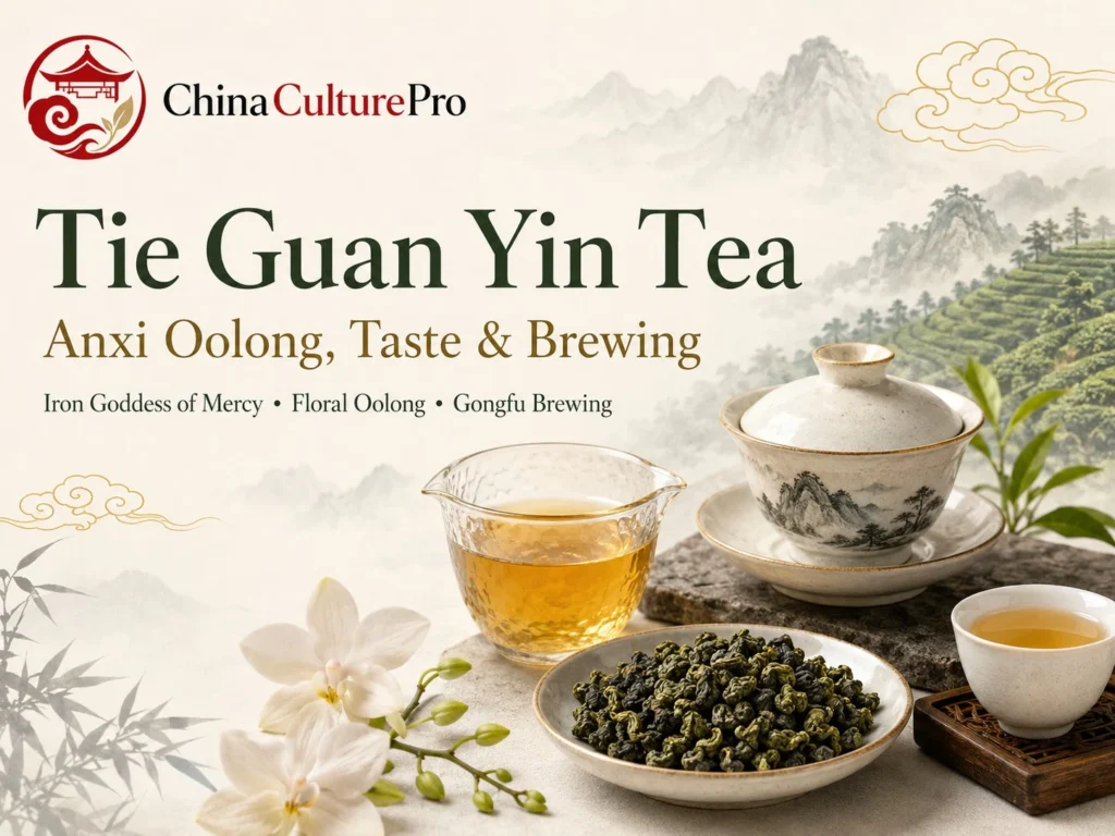 Tie Guan Yin tea cover with Anxi oolong leaves, gaiwan, fairness cup, and floral tea scene