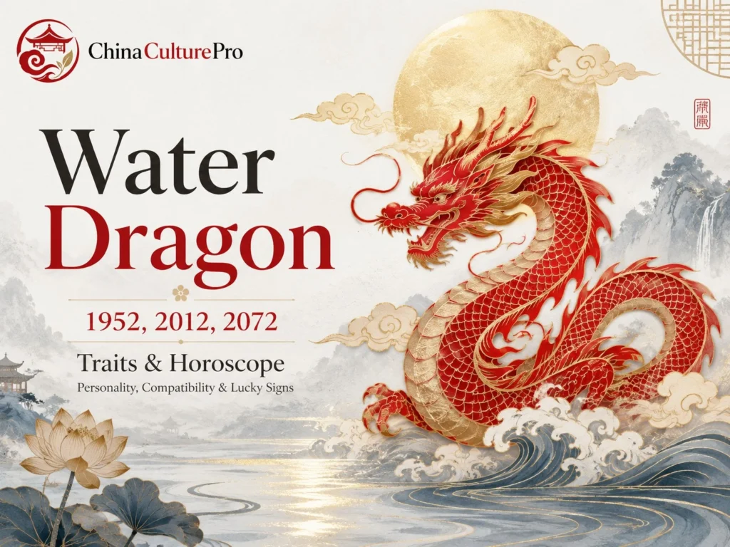 Water Dragon zodiac traits and horoscope with red dragon, moon, river, and ink mountains