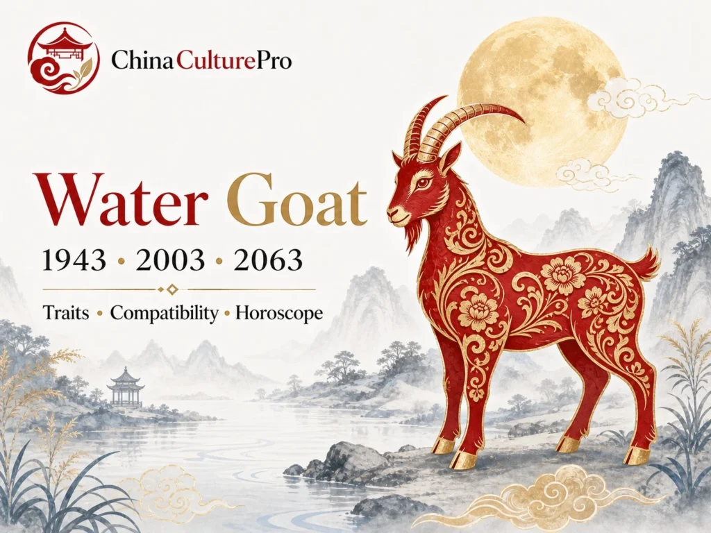 Water Goat traits horoscope cover with red gold paper cut goat and traditional Chinese motifs.webp