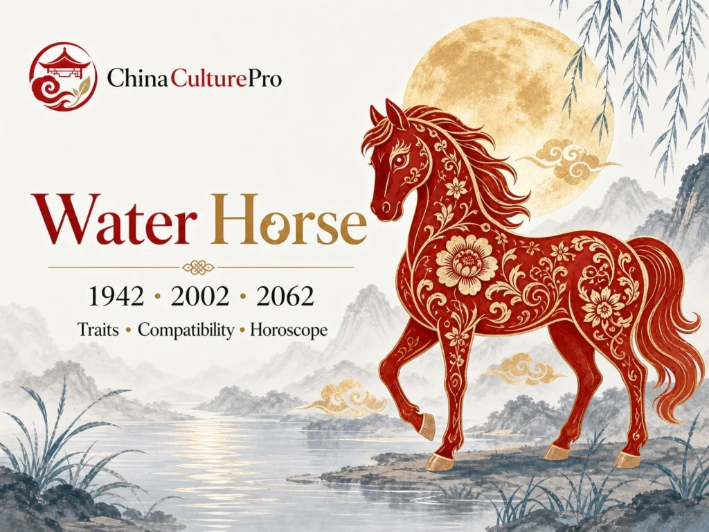 Water Horse traits horoscope cover with red gold paper cut horse and traditional Chinese motifs.webp