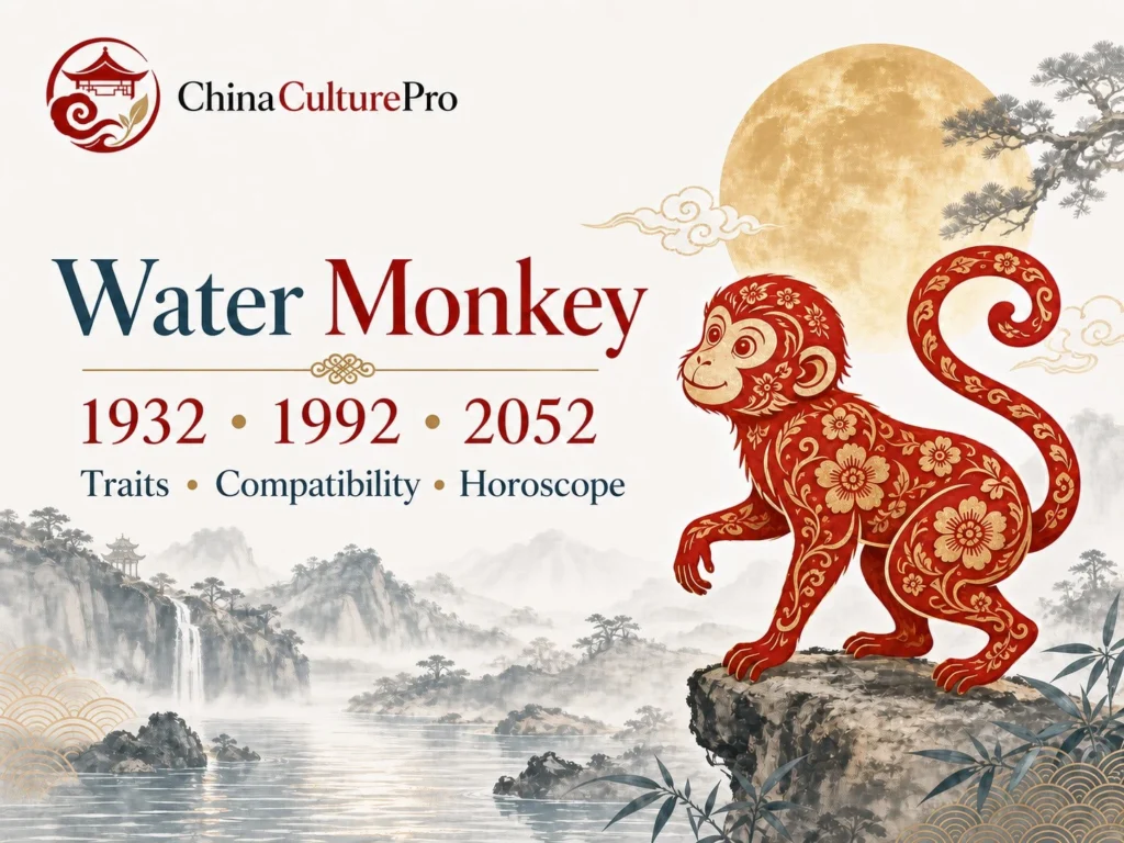 Water Monkey traits horoscope cover with red gold paper cut monkey and traditional Chinese motifs.webp