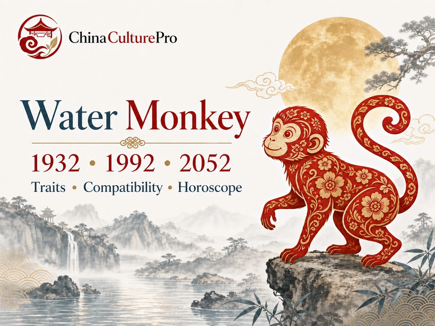 Water Monkey traits horoscope cover with red gold paper cut monkey and traditional Chinese motifs.webp