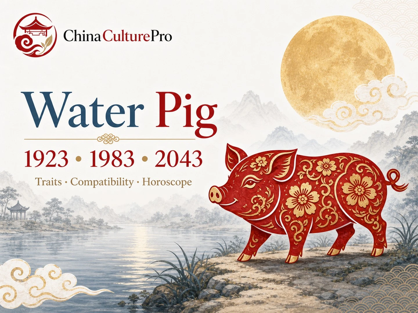 Water Pig traits horoscope cover with red gold paper cut pig and traditional Chinese motifs.webp.webp