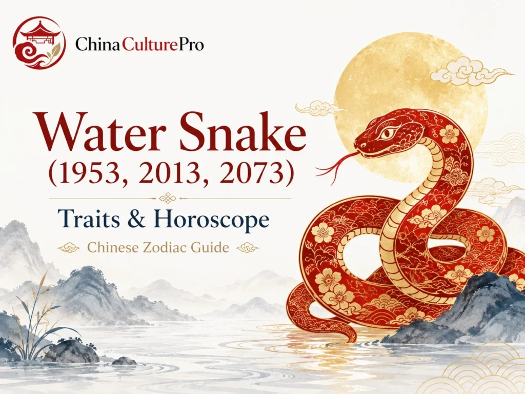 Water Snake zodiac cover with red gold paper cut snake, moon, and traditional Chinese motifs.