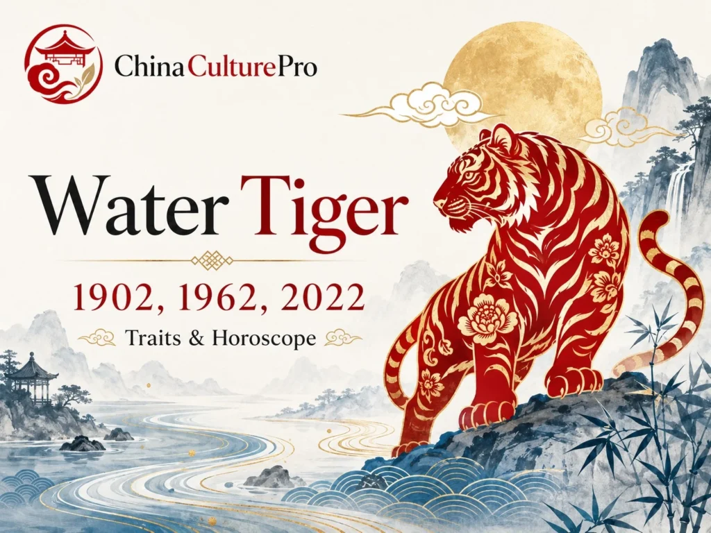 Water Tiger Chinese zodiac cover with red gold tiger, moonlit river and mountain forest