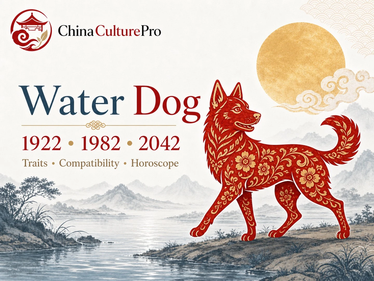 Water dog traits horoscope cover with red gold paper cut dog and traditional Chinese motifs.webp