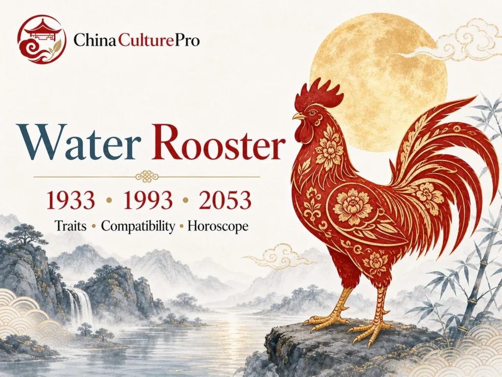 Water rooster traits horoscope cover with red gold paper cut rooster and traditional Chinese motifs.webp