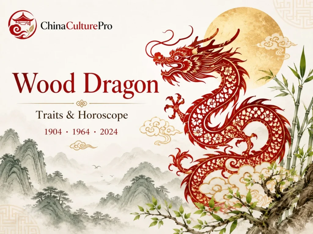 Wood Dragon Chinese zodiac traits and horoscope with red dragon, moon, bamboo, and ink mountains