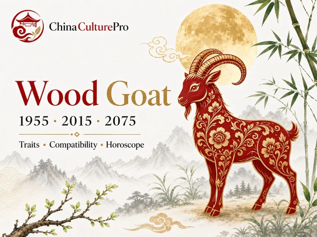 Wood Goat traits horoscope cover with red gold paper cut goat and traditional Chinese motifs.webp