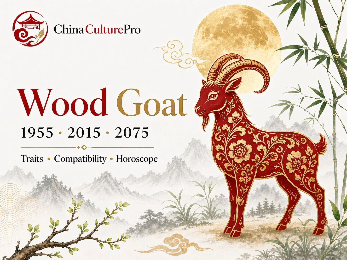 Wood Goat traits horoscope cover with red gold paper cut goat and traditional Chinese motifs.webp