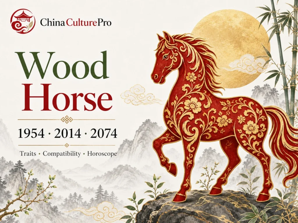 Wood Horse traits horoscope cover with red gold paper cut horse and traditional Chinese motifs