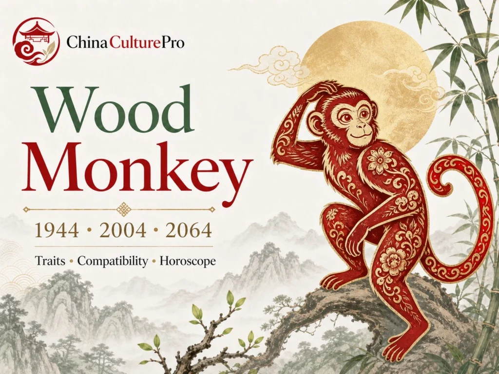 Wood Monkey traits horoscope cover with red gold paper cut monkey and traditional Chinese motifs.webp