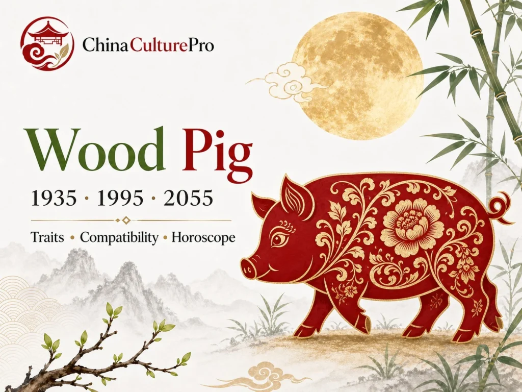Wood Pig traits horoscope cover with red gold paper cut pig and traditional Chinese motifs.webp.webp