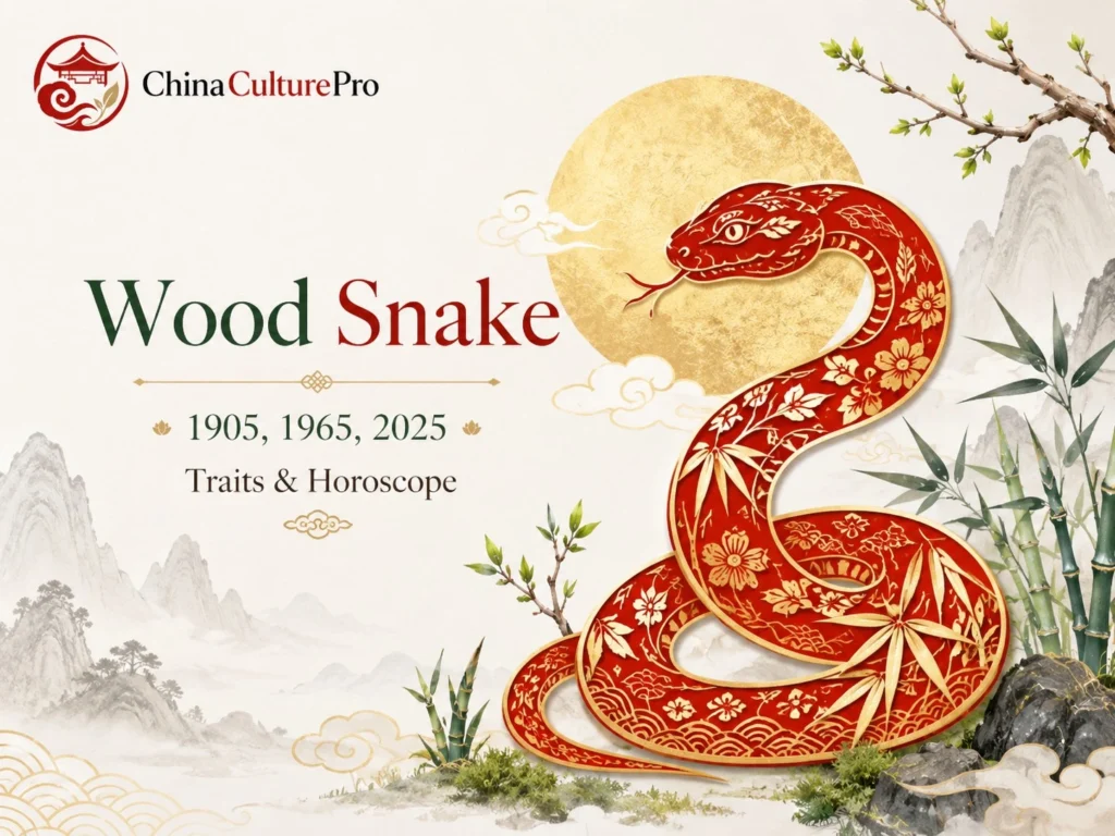 Wood Snake Chinese zodiac cover with red gold snake, lantern glow, and traditional Chinese motifs.
