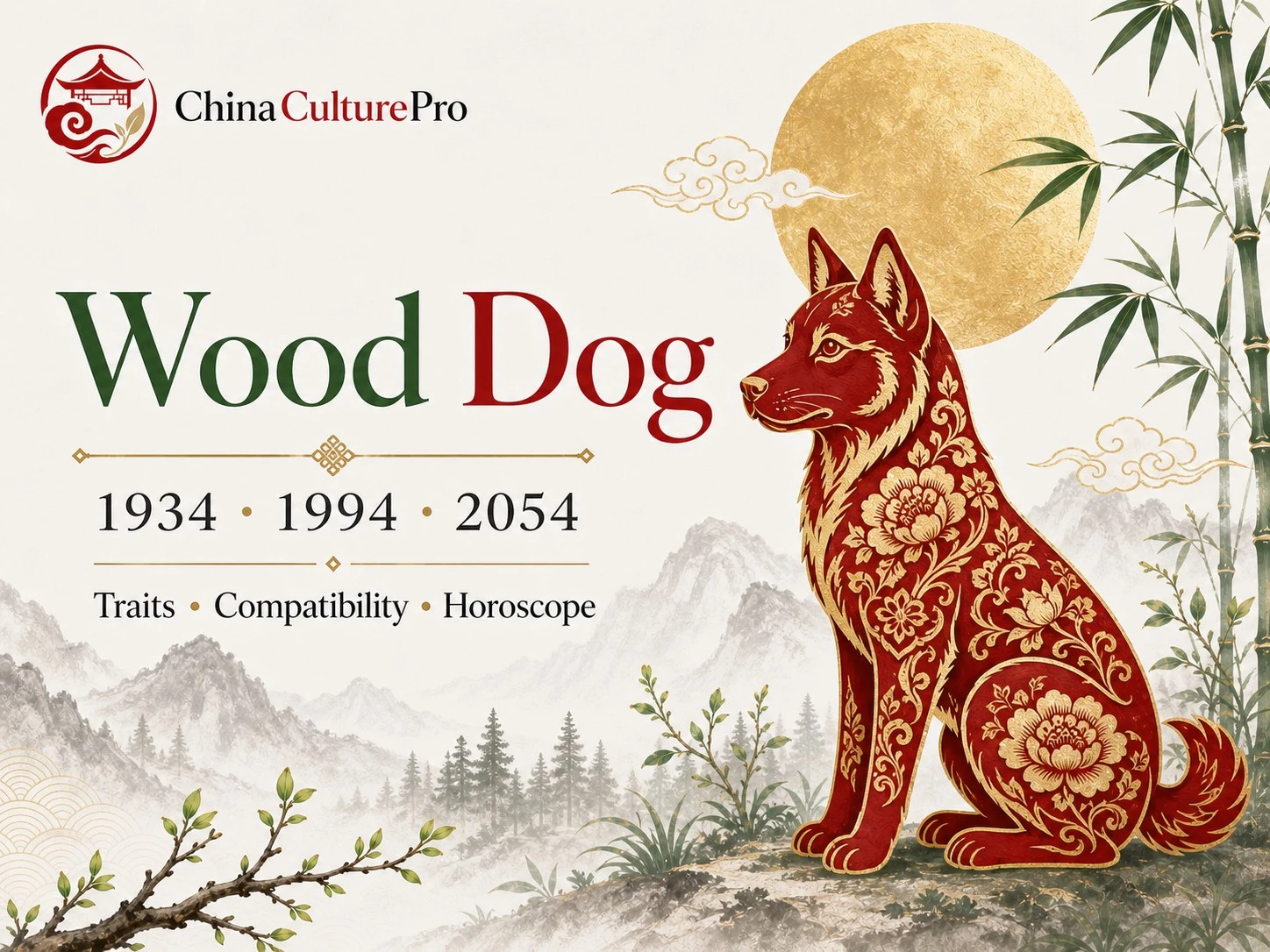 Wood dog traits horoscope cover with red gold paper cut dog and traditional Chinese motifs.webp