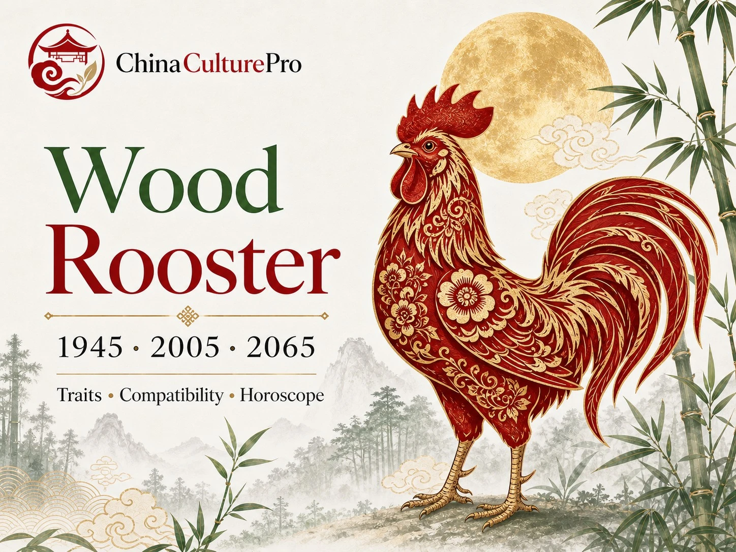 Wood rooster traits horoscope cover with red gold paper cut rooster and traditional Chinese motifs.webp