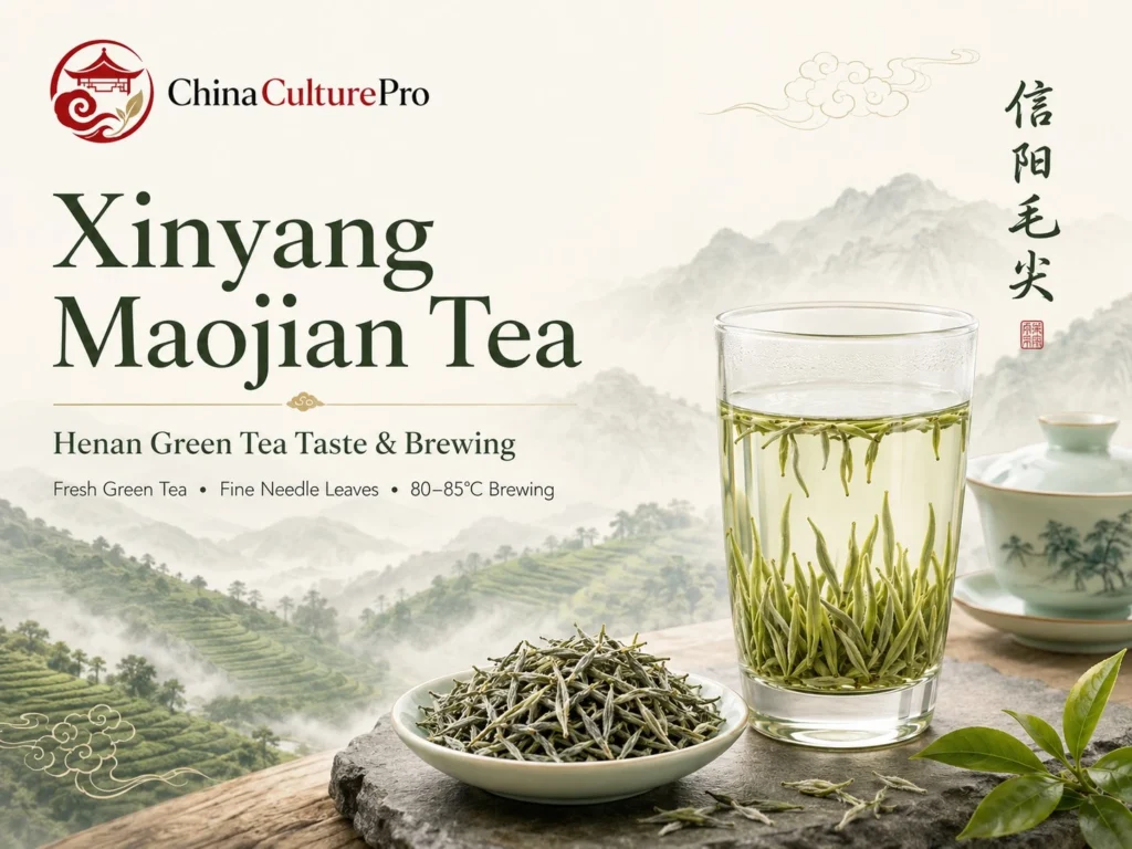 Xinyang Maojian tea cover with fine green tea leaves, glass cup, and misty Dabie Mountain scenery