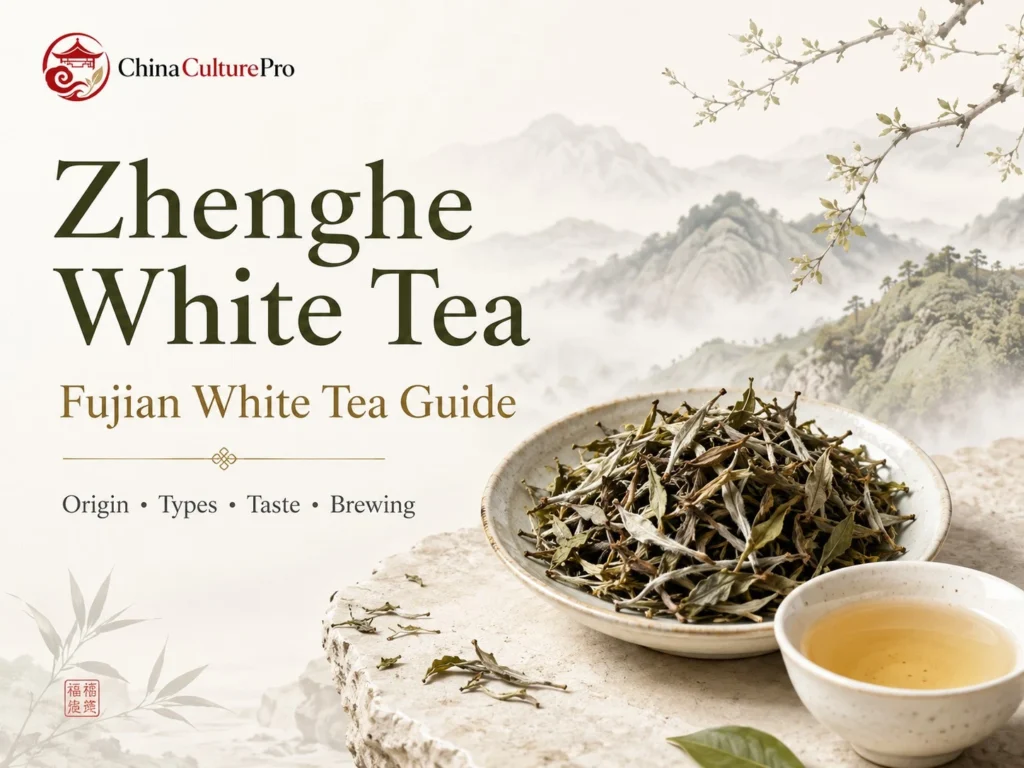 Zhenghe White Tea guide with Fujian white tea leaves, pale liquor, and misty mountain scenery