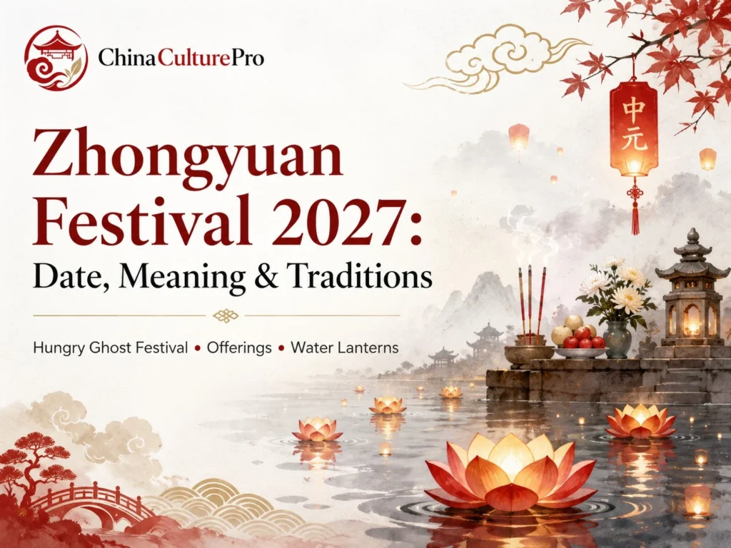 Zhongyuan Festival 2027 cover with lanterns, offerings, and traditional Chinese festival imagery.