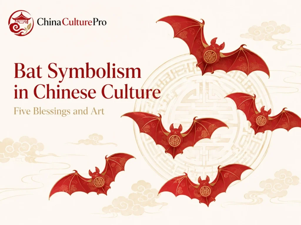 Bat Symbolism in Chinese Culture Five Blessings and Art with red bats shou symbol and auspicious clouds