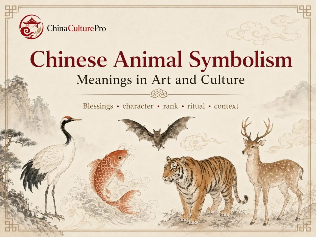 Chinese Animal Symbolism Meanings in Art and Culture with crane fish bat tiger deer and Chinese cultural animal symbols