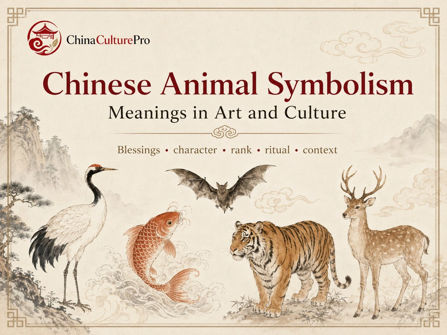 Chinese Animal Symbolism Meanings in Art and Culture with crane fish bat tiger deer and Chinese cultural animal symbols
