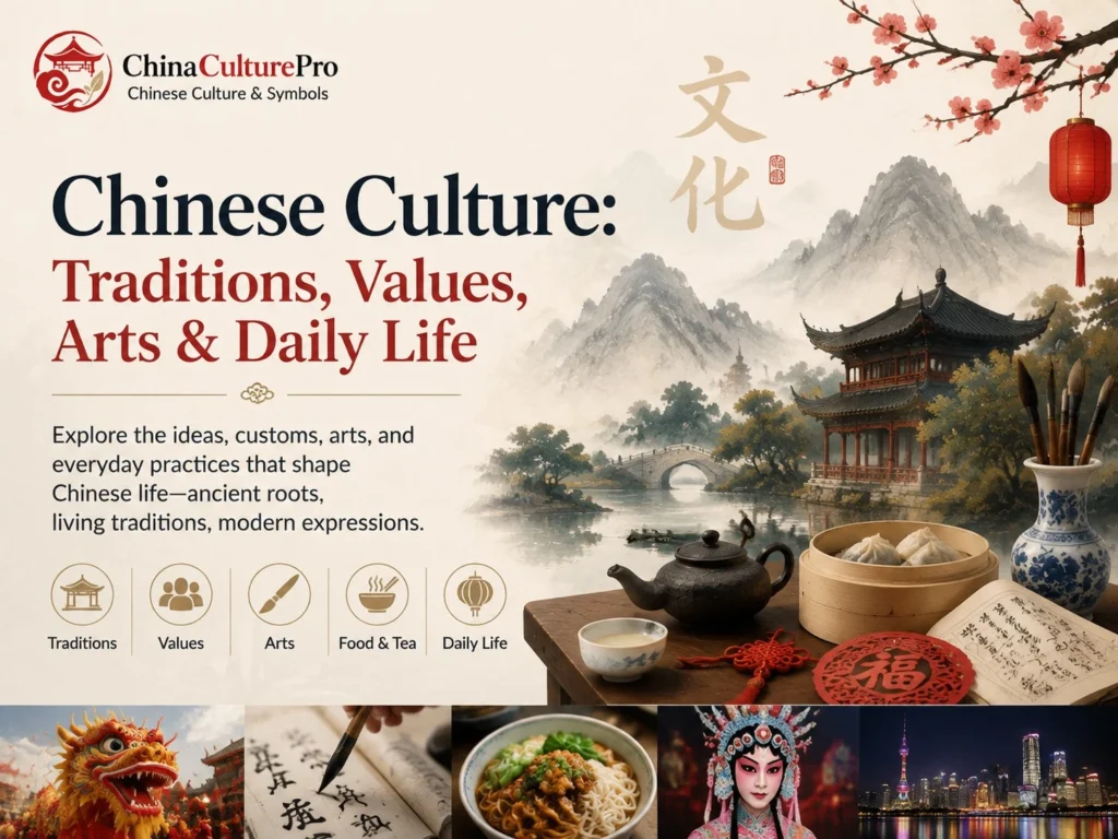 Chinese Culture Traditions Values Arts and Daily Life with Chinese heritage architecture tea calligraphy festivals and modern culture illustration