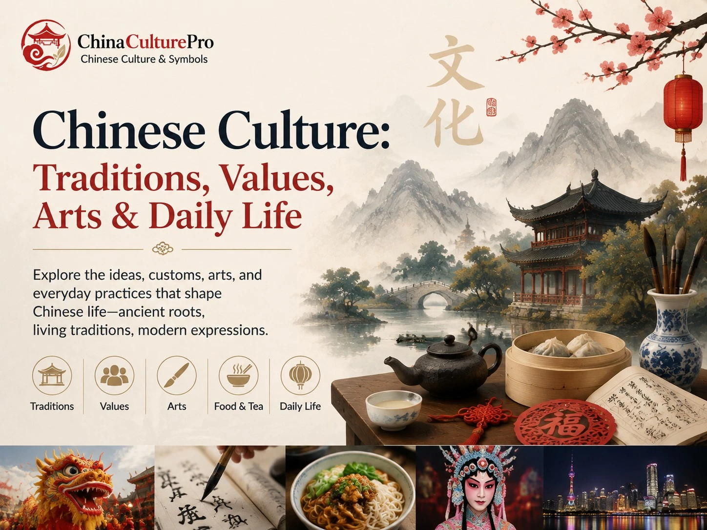 Chinese Culture Traditions Values Arts and Daily Life with Chinese heritage architecture tea calligraphy festivals and modern culture illustration