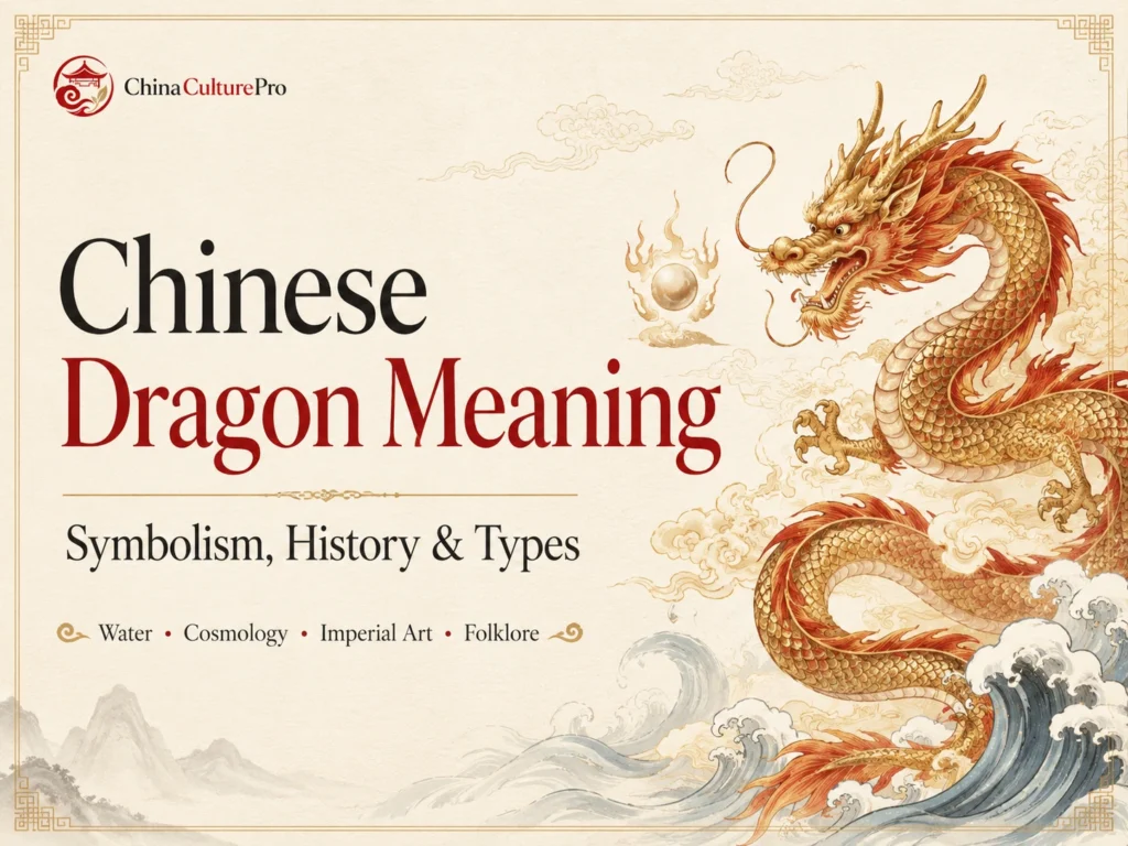 Chinese Dragon Meaning Symbolism History and Types with traditional Chinese dragon waves clouds and cultural motif illustration