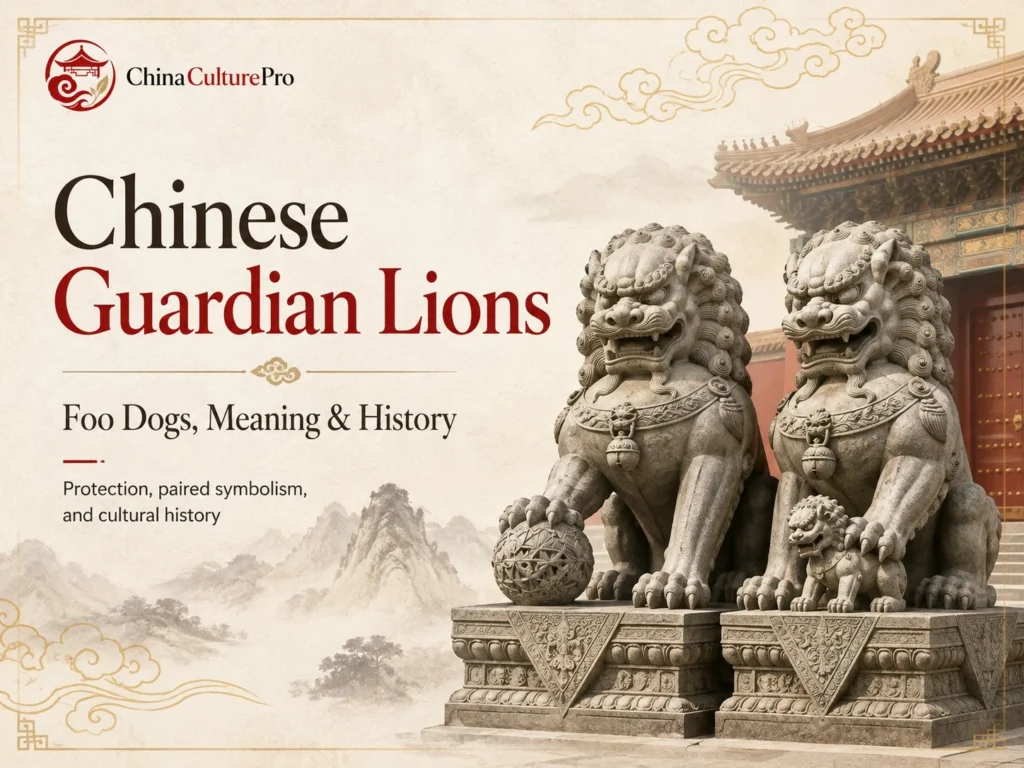 Chinese Guardian Lions Foo Dogs Meaning and History with paired stone lions temple entrance and Chinese cultural symbolism illustration