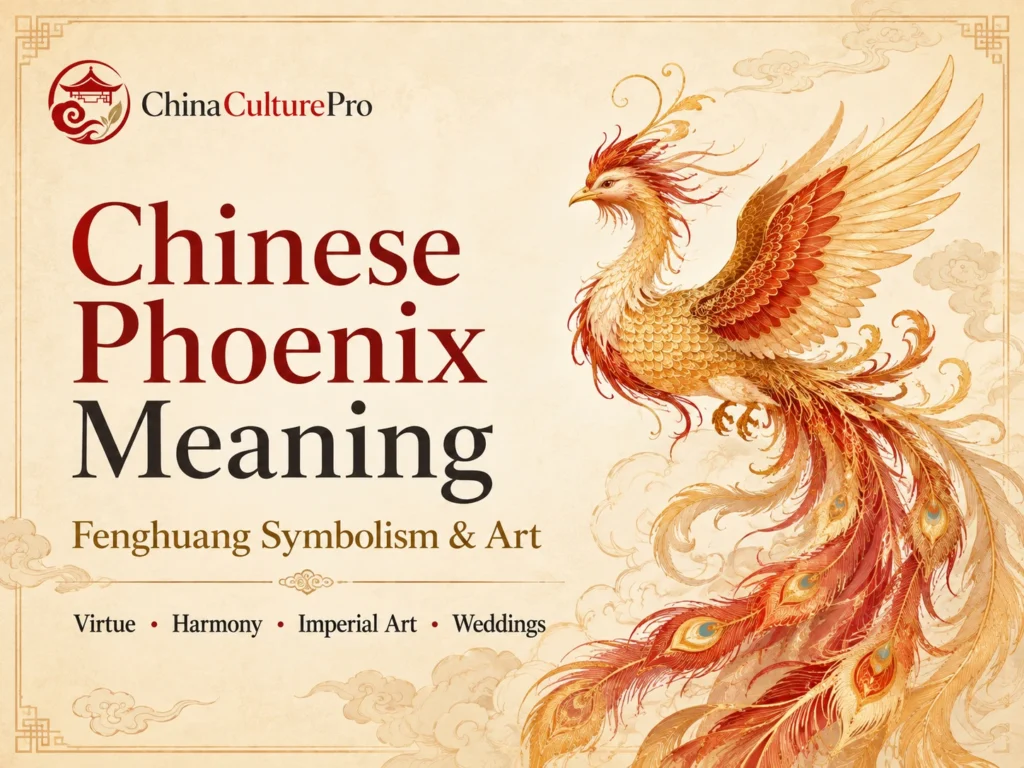 Chinese Phoenix Meaning Fenghuang Symbolism Art with elegant fenghuang bird in traditional Chinese style illustration