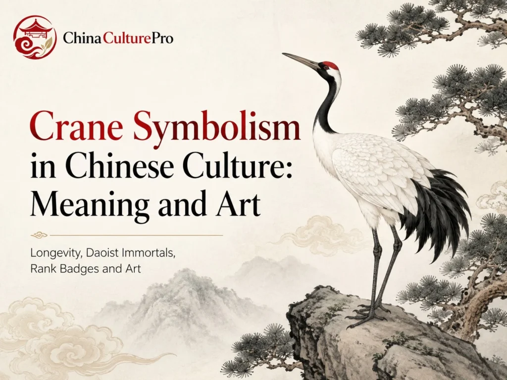 Crane Symbolism in Chinese Culture Meaning and Art with crane pine tree mountains and traditional Chinese art illustration