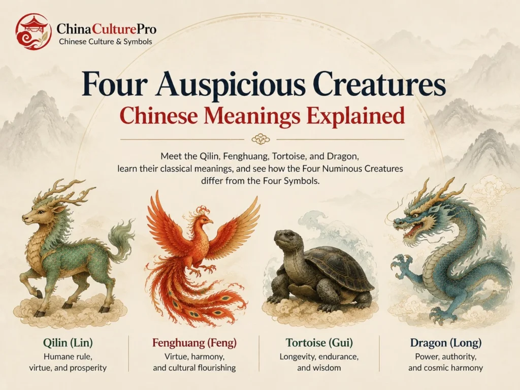 Four Auspicious Creatures Chinese Meanings Explained with Qilin Fenghuang Tortoise and Dragon symbolism illustration