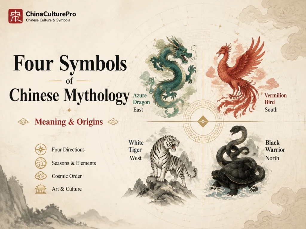 Four Symbols of Chinese Mythology Meaning and Origins with Azure Dragon Vermilion Bird White Tiger and Black Warrior illustration
