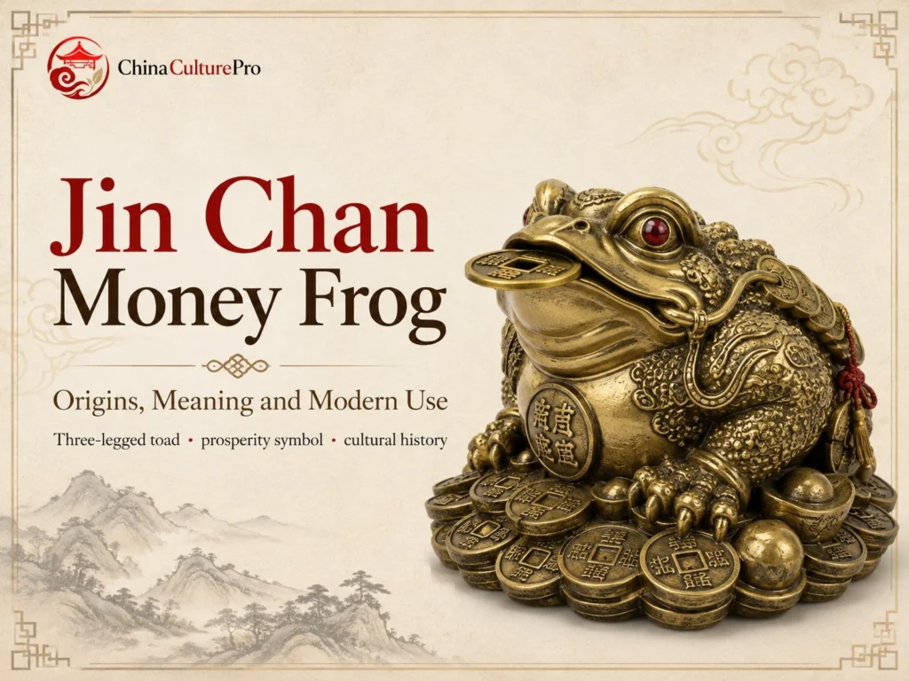 Jin Chan Money Frog Origins Meaning and Modern Use with three legged money frog coins prosperity symbol and Chinese cultural illustration