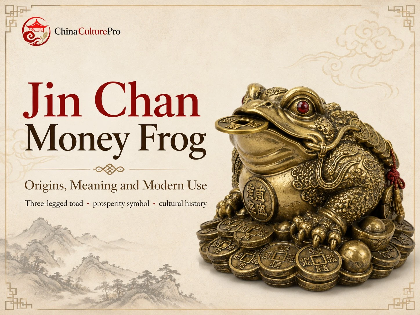 Jin Chan Money Frog Origins Meaning and Modern Use with three legged money frog coins prosperity symbol and Chinese cultural illustration