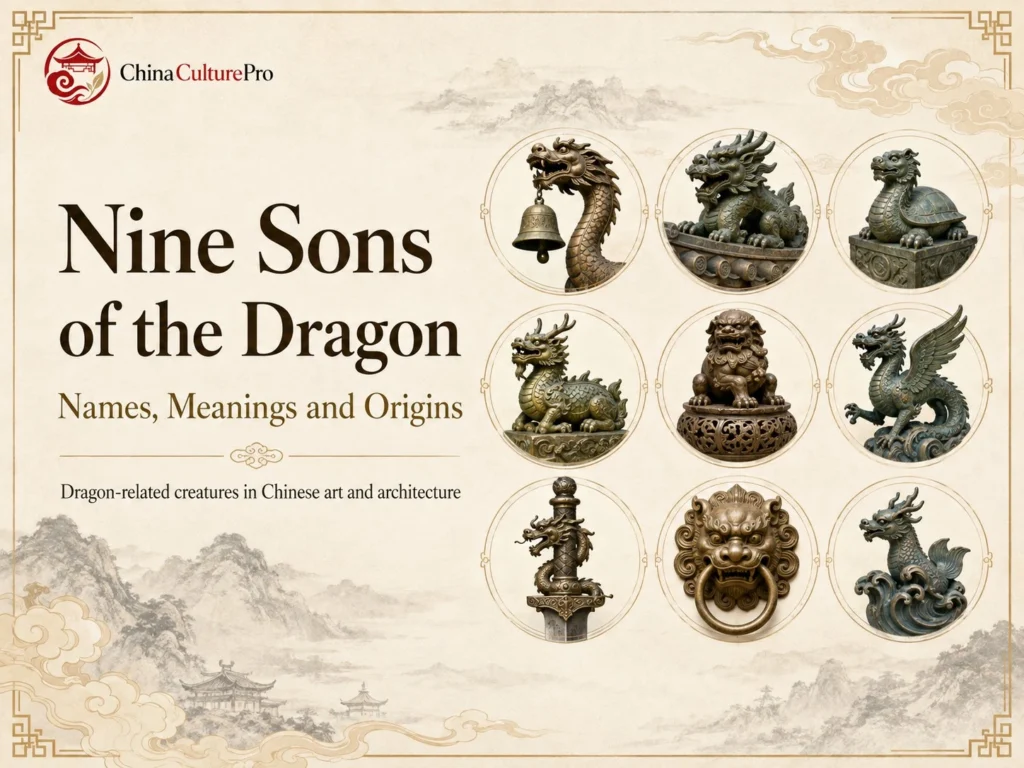 Nine Sons of the Dragon Names Meanings and Origins with Chinese dragon sons mythical creatures and traditional art illustration