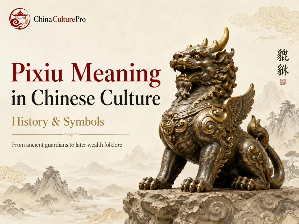 Pixiu Meaning in Chinese Culture History and Symbols with winged guardian beast and traditional Chinese art illustration
