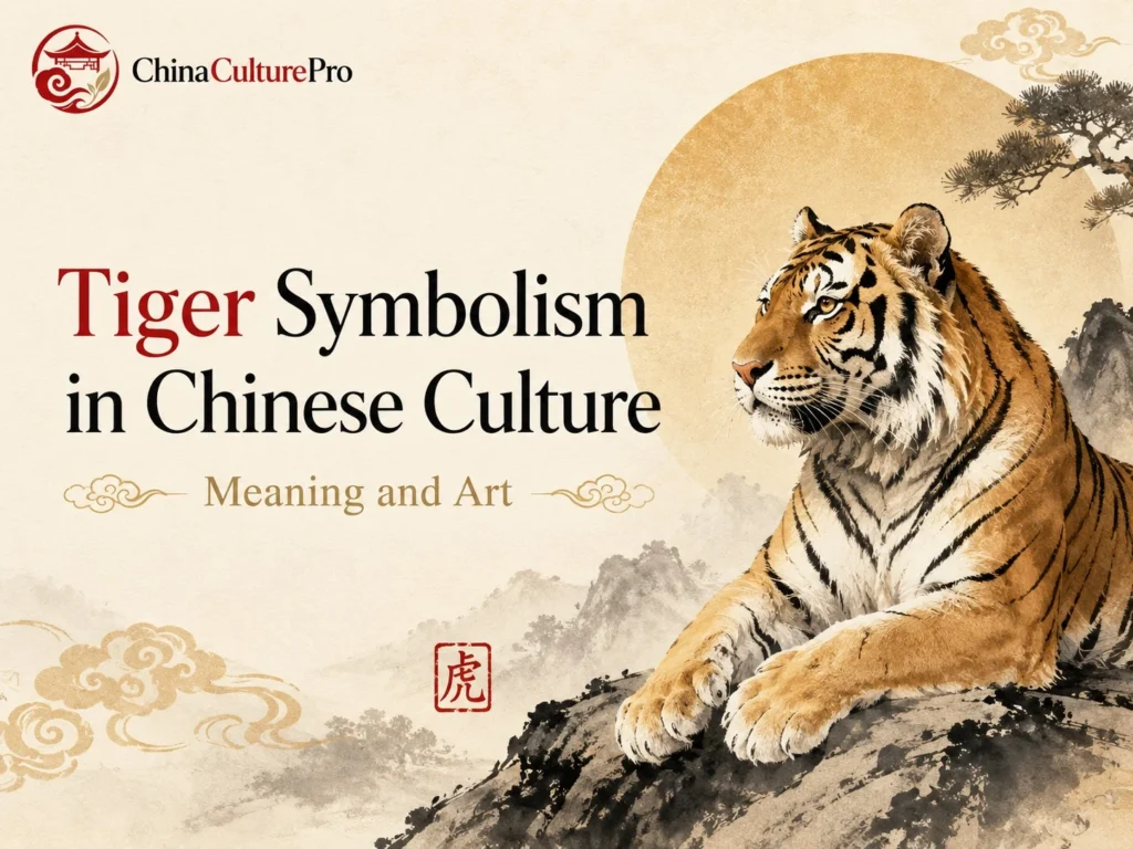 Tiger Symbolism in Chinese Culture Meaning and Art cover image with traditional tiger illustration Chinese landscape and cultural design