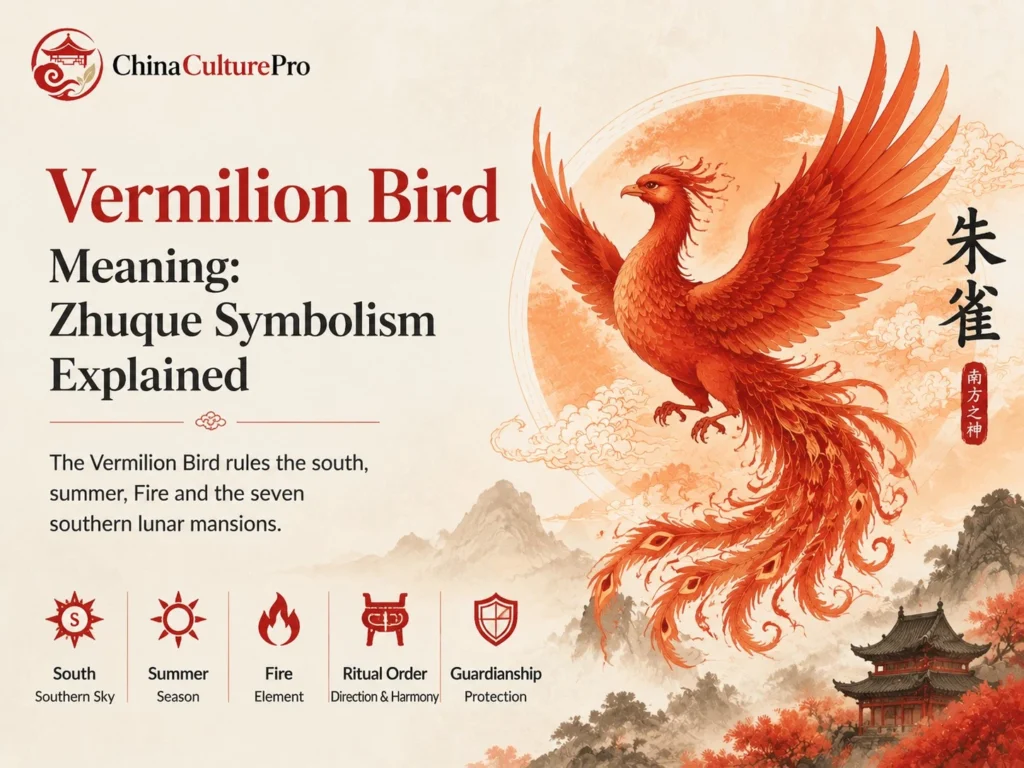 Vermilion Bird Meaning Zhuque Symbolism Explained with Chinese Vermilion Bird south summer Fire and Four Symbols mythology illustration