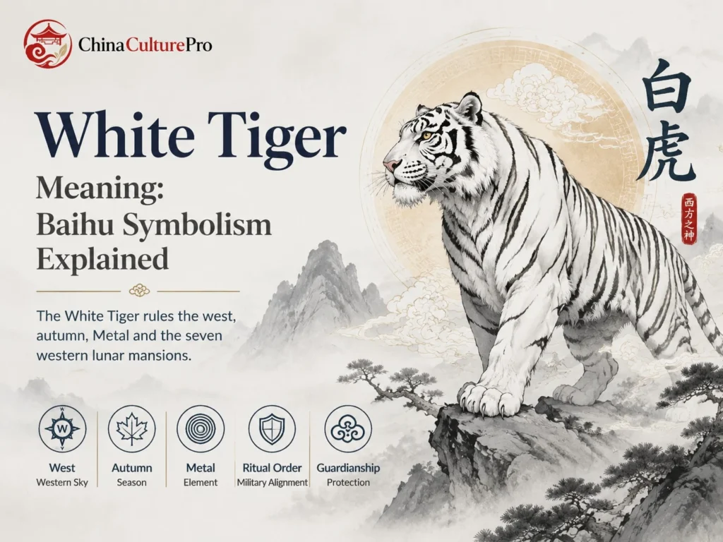 White Tiger Meaning Baihu Symbolism Explained with Chinese White Tiger western sky autumn Metal and mythology illustration