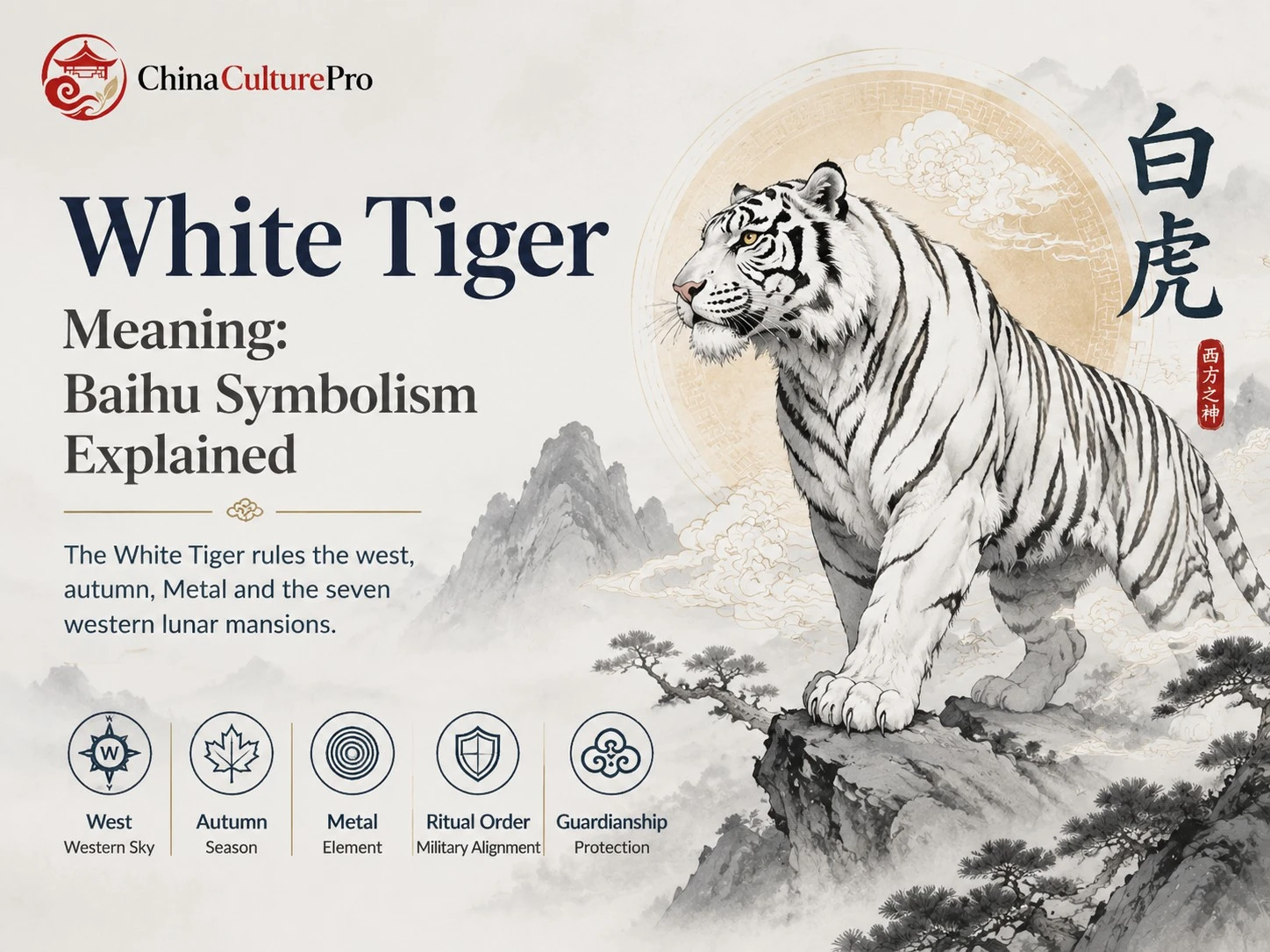 White Tiger Meaning Baihu Symbolism Explained with Chinese White Tiger western sky autumn Metal and mythology illustration