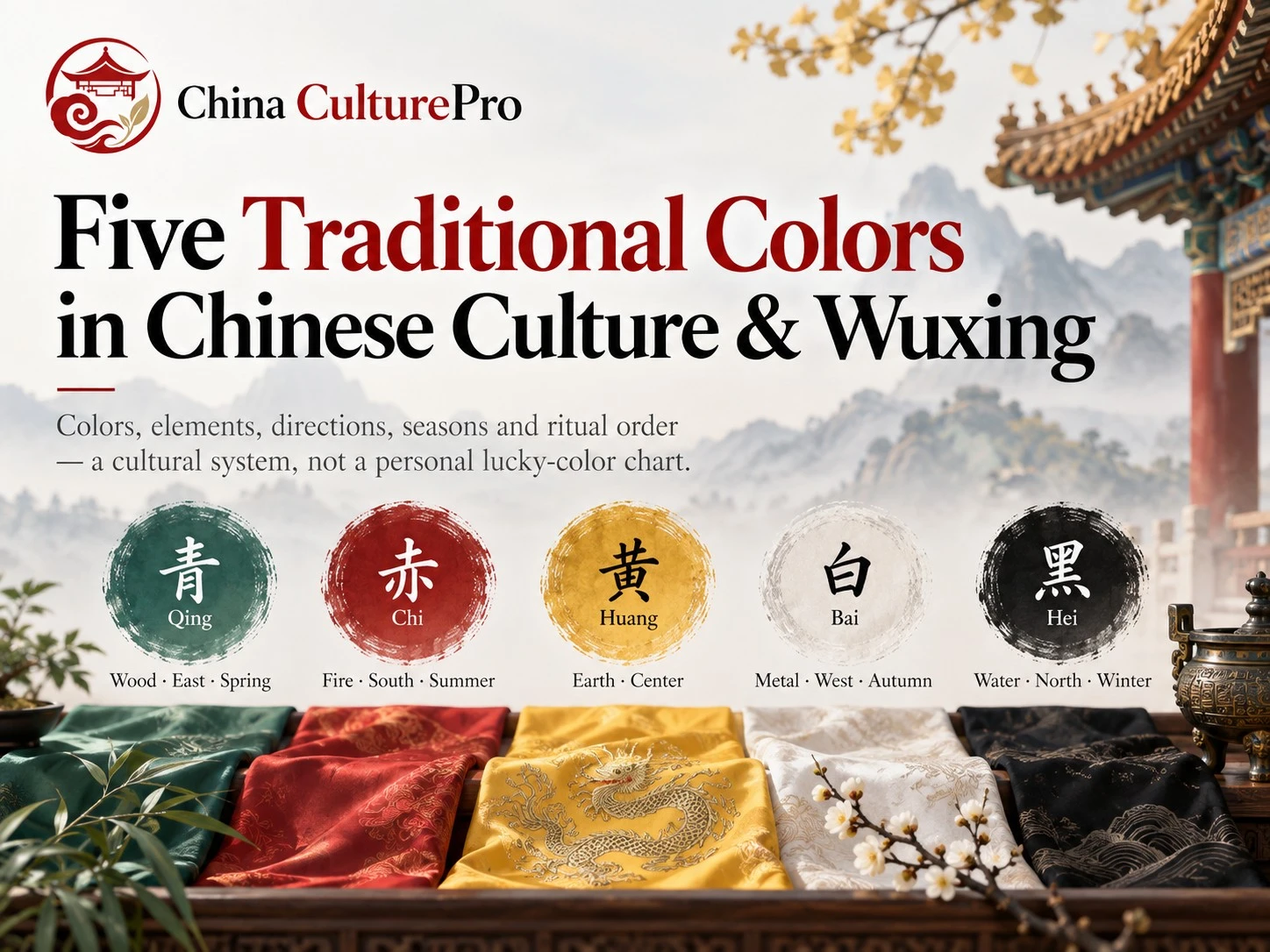 Five Traditional Colors in Chinese Culture and Wuxing with qing chi yellow white black and seasonal directions