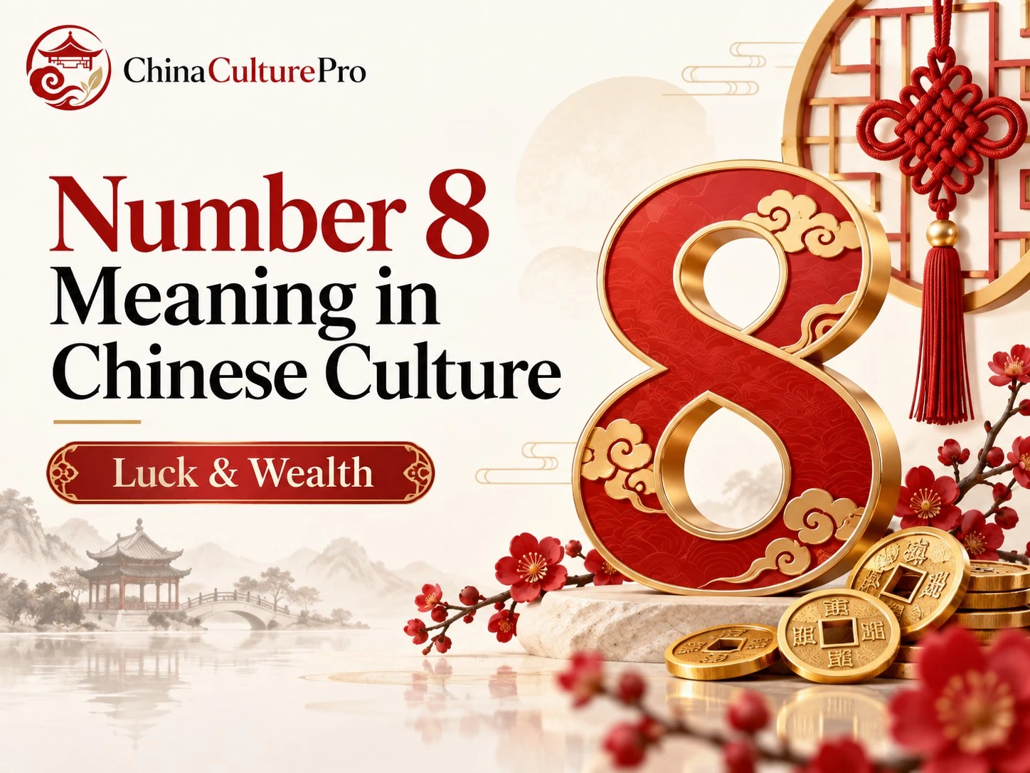 Number 8 Meaning in Chinese Culture Luck and Wealth with red gold number eight coins blossoms and prosperity symbolism