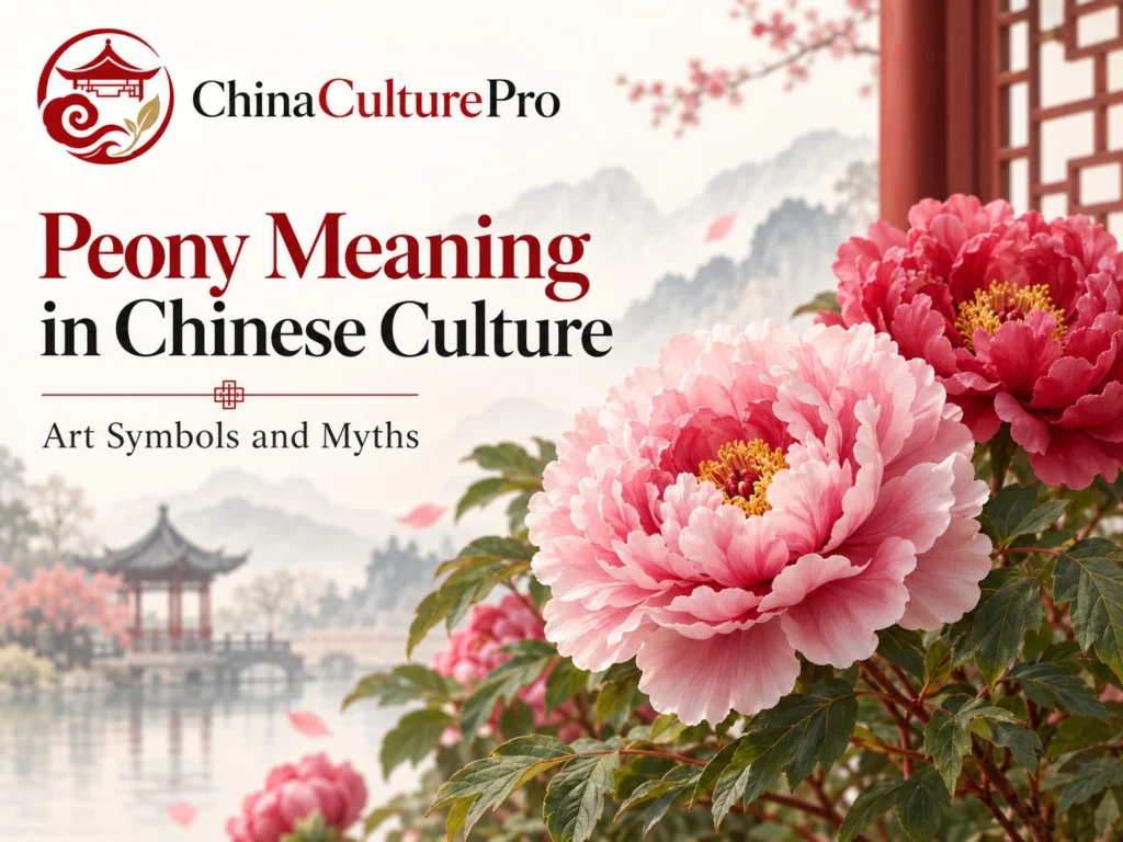 牡丹が咲き中国の伝統的装飾要素を配した中国文化の牡丹の意味と象徴のカバー画像